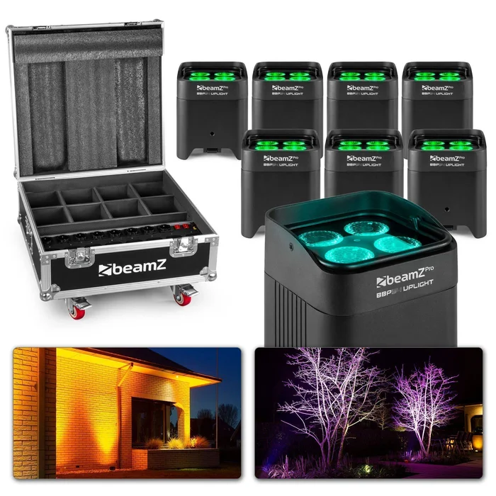 BeamZ BBP54 – Lot de 8 Projecteurs PAR Uplight sur Baterie IP65 RGBAW-UV WDMX 48 Watts avec Flightcase