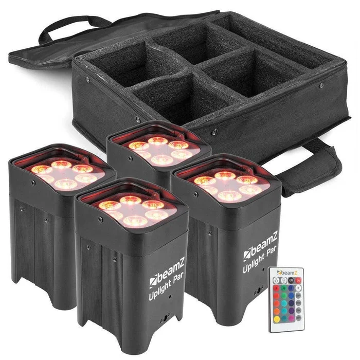 BeamZ BBP96 – Lot de 4 Projecteurs PAR LED sur Batterie RGBAW-UV DMX 72 Watts avec Valise