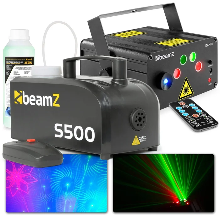 BeamZ S500-P – Machine à Fumée en Plastique avec Liquide et Double Laser Vert et Rouge + LED Bleu