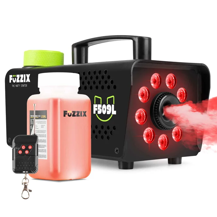 Fuzzix F509L Machine à Fumée 500 Watts avec 9 LEDs RGB – Noir, Liquide 250 mL Inclus