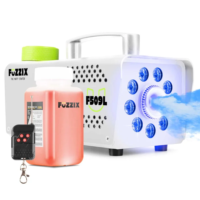 Fuzzix F509LW Machine à Fumée 500 Watts avec 9 LEDs RGB – Blanc, Liquide 250 mL Inclus