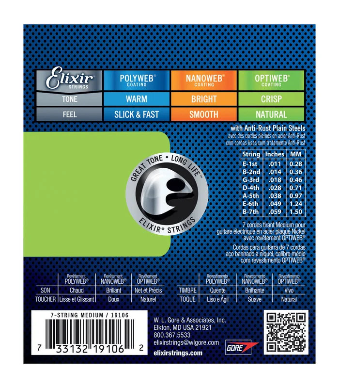 Jeu de Cordes pour Guitare Electrique ELIXIR 19106 7 cordes Medium 11-14-18-28-38-49-59 – Image 3