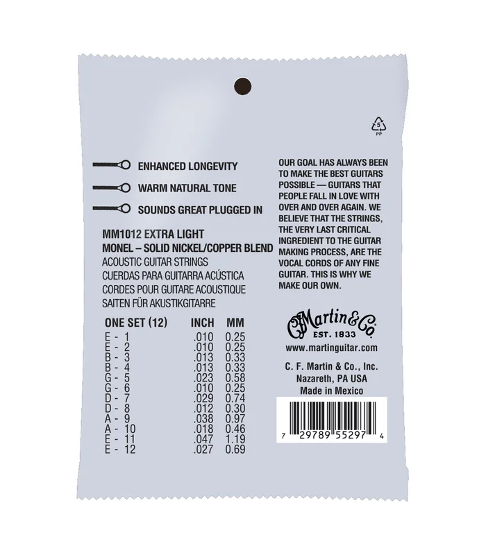 Jeu de Cordes pour Guitare Folk MARTIN & CO. MM1012 Monel, Extra-Light, 12 cordes – Image 2