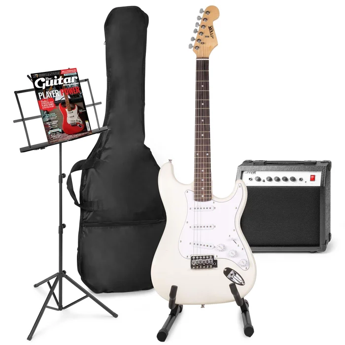 Max GigKit – Guitare Électrique Pack Débutant Ampli 40 Watts, Stand et Pupitre – Blanche