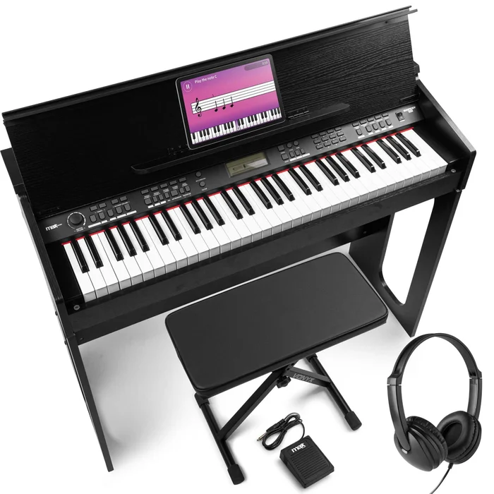 Max RhapsodyDP61 – Piano Numérique 61 Touches Semi Lourdes avec Meuble en Bois, Pack complet avec Casque audio, Banc et Pédale de Sustain inclus – Clavier MIDI