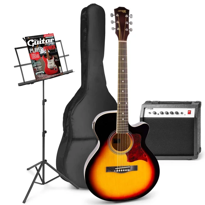 Max Showkit – Guitare Électro-Acoustique Pack Débutant Ampli 40 Watts et Pupitre – Sunburst