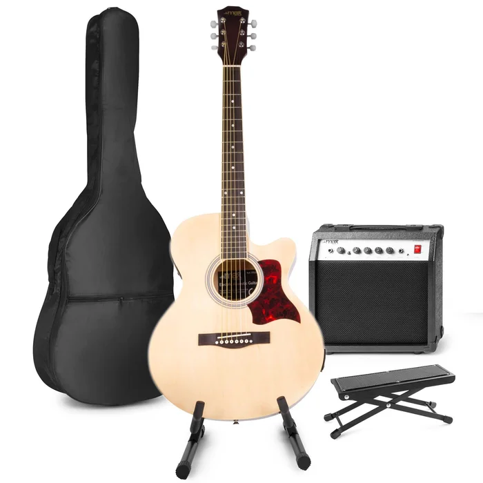 Max ShowKit – Guitare Électro-Acoustique Pack Débutant Ampli 40 Watts, Stand et Repose-Pied – Couleur Érable