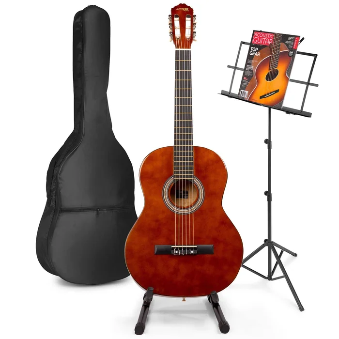 Max SoloArt – Guitare Acoustique Classique Pack Débutant avec Pupitre et Stand – Couleur Noyer