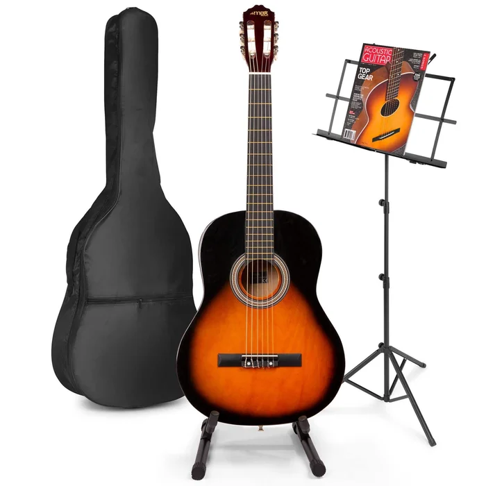Max SoloArt – Guitare Acoustique Classique Pack Débutant avec Pupitre et Stand – Sunburst