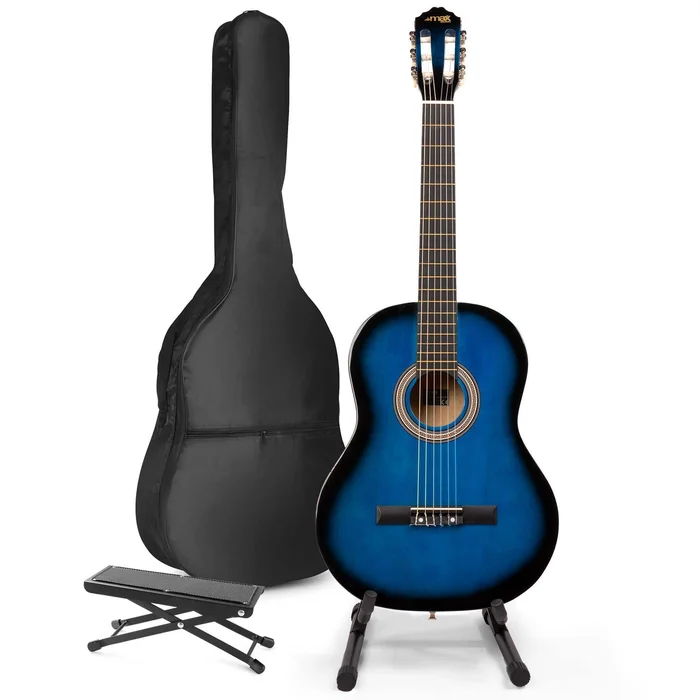 Max SoloArt – Guitare Acoustique Classique Pack Débutant avec Stand et Repose-Pied – Bleue