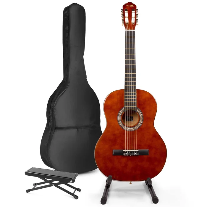 Max SoloArt – Guitare Acoustique Classique Pack Débutant avec Stand et Repose-Pied – Couleur Noyer