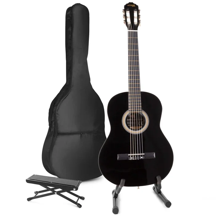 Max SoloArt – Guitare Acoustique Classique Pack Débutant avec Stand et Repose-Pied – Noire