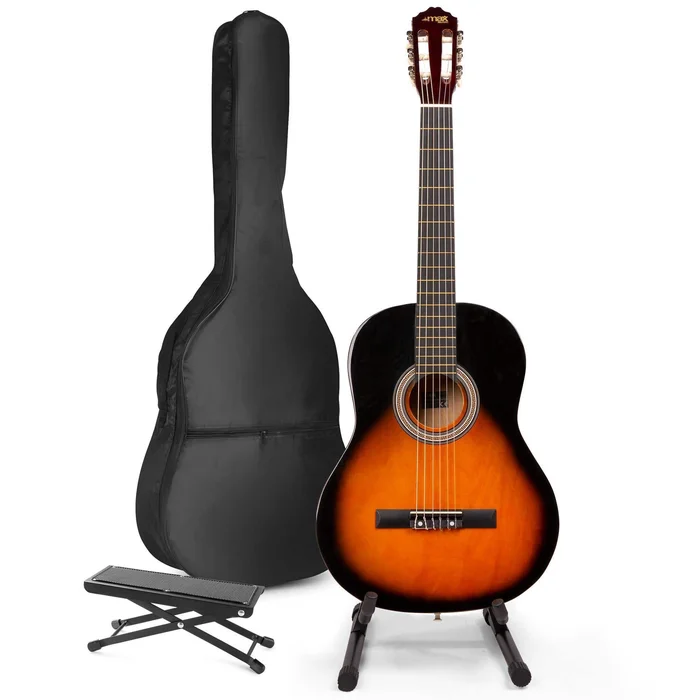 Max SoloArt – Guitare Acoustique Classique Pack Débutant avec Stand et Repose-Pied – Sunburst