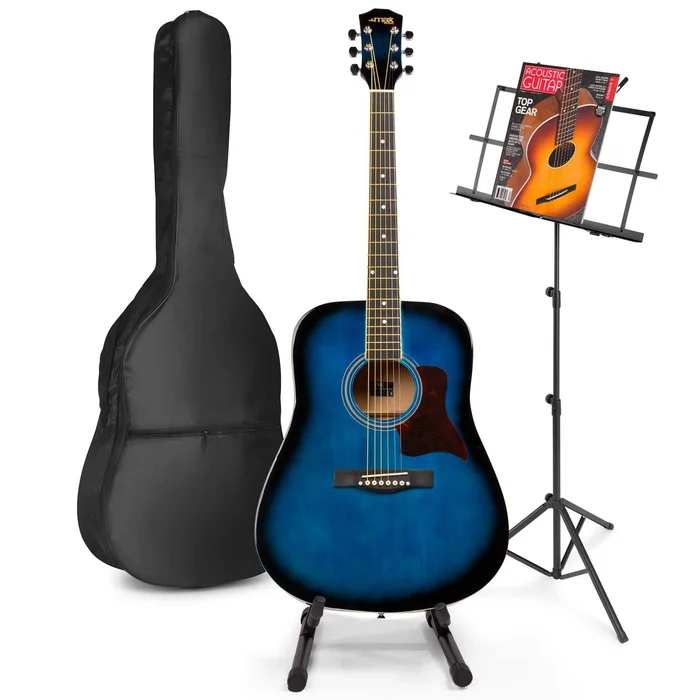 Max SoloJam Western – Guitare Acoustique Pack Débutant avec Pupitre et Stand – Bleue