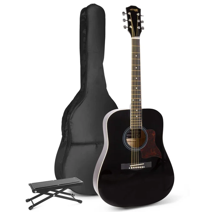 Max SoloJam Western – Guitare Acoustique Pack Débutant avec Repose-Pied – Noire