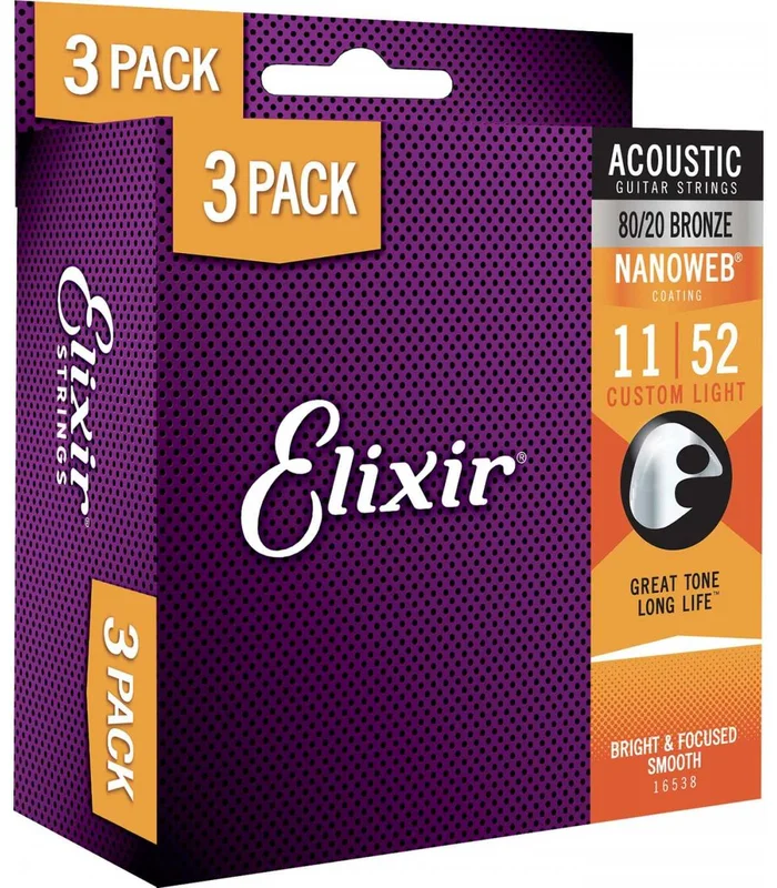 Pack de 3 jeux de Cordes pour Guitare Folk ELIXIR 11027 Nanoweb 80/20 11-52