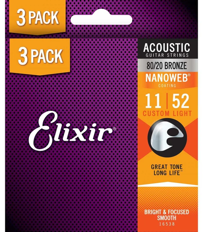 Pack de 3 jeux de Cordes pour Guitare Folk ELIXIR 11027 Nanoweb 80/20 11-52 – Image 2