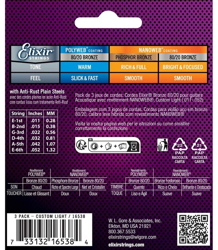 Pack de 3 jeux de Cordes pour Guitare Folk ELIXIR 11027 Nanoweb 80/20 11-52 – Image 3