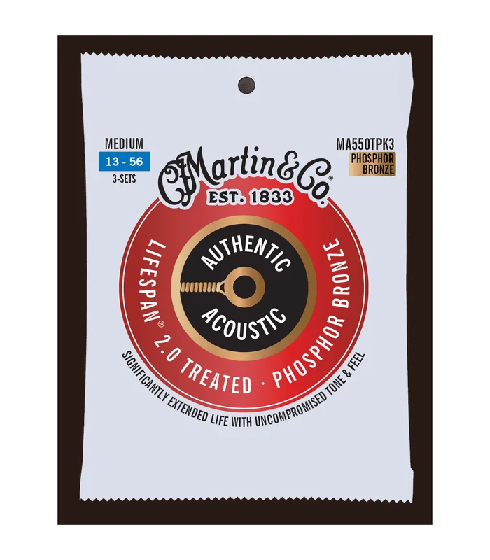 Pack de 3 Jeux de Cordes pour Guitare Folk MARTIN & CO MA550TPK3 Phosphore Bronze – Authentic Treated, Med, 92/8
