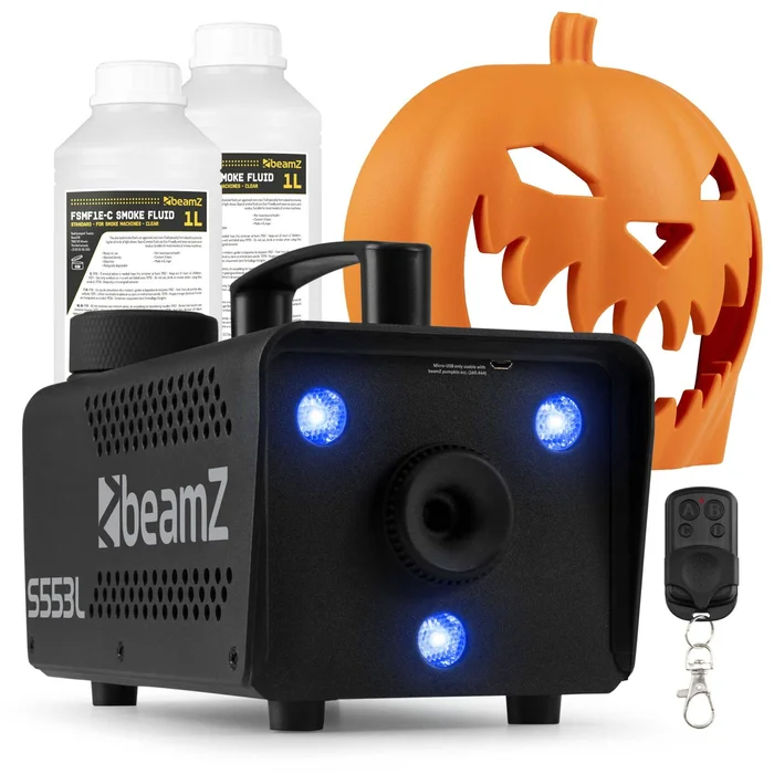 Pack Machine à Fumée Citrouille Halloween & Liquide Supplémentaire 2L – Rires Diaboliques et Effets Lumineux