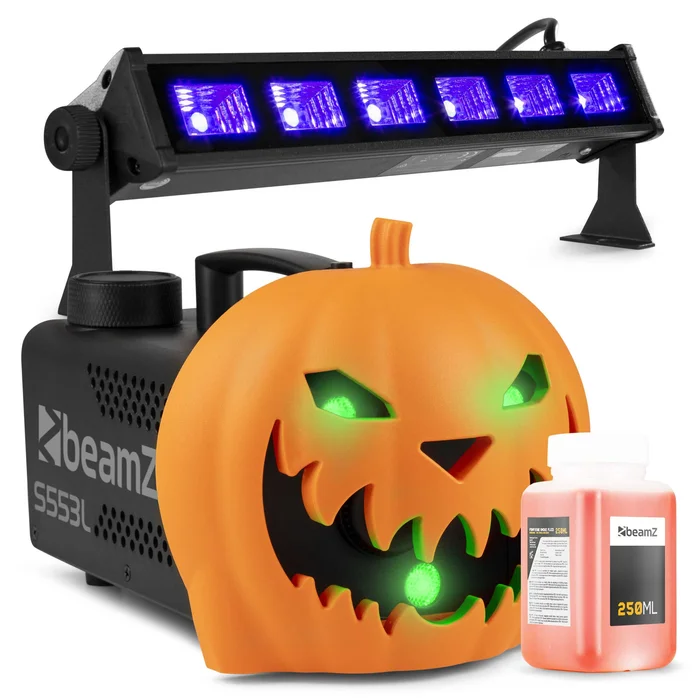 Pack Soirée Halloween – Machine à Fumée Citrouille LED, Rires Diaboliques et Lumière Noire – Prêt à l’emploi