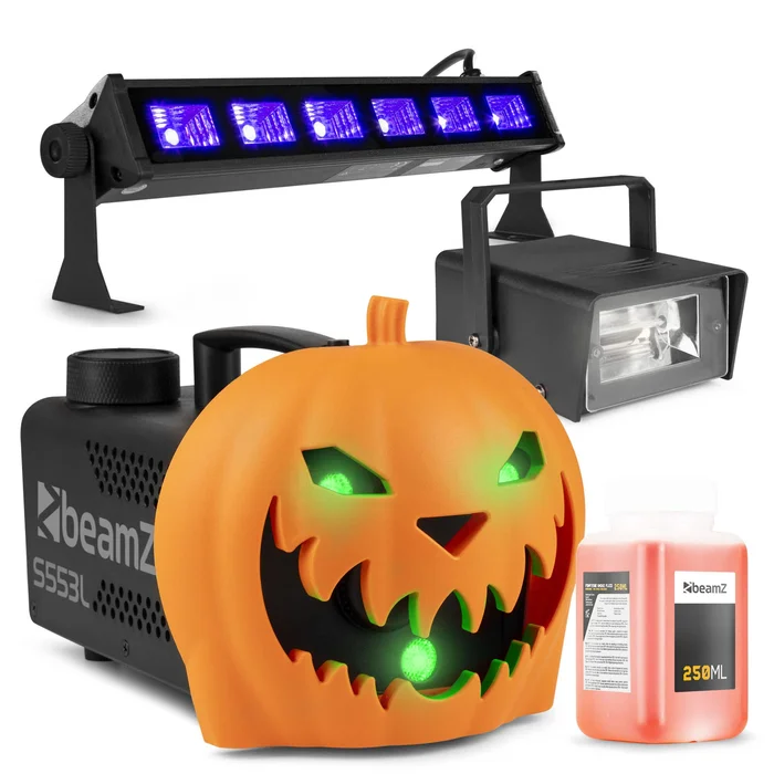 Pack Soirée Halloween – Machine à Fumée Citrouille LED, Rires Diaboliques, Strobe et Lumière Noire – Prêt à l’emploi