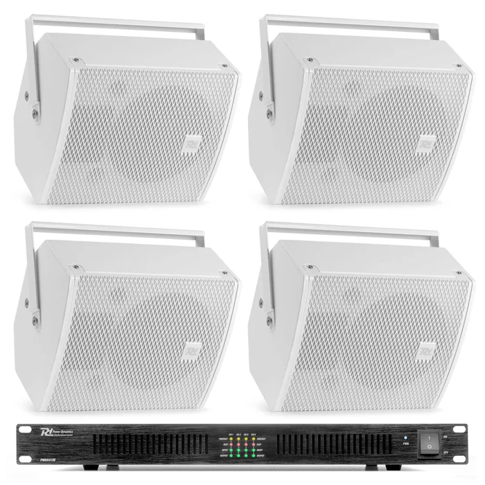 Power Dynamics – Pack de 4 Enceintes Blanches avec Amplificateur 100V/8 Ohms et Bobine de Câble – 600 Watts RMS