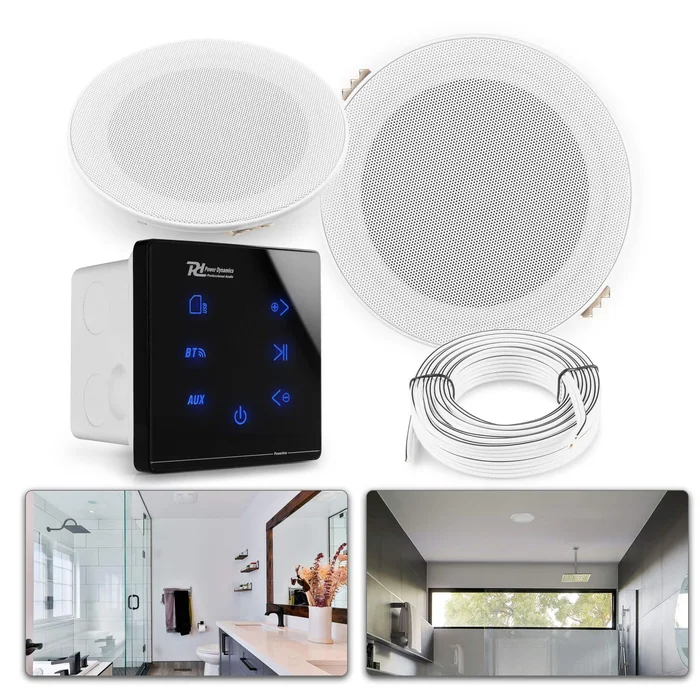 Power Dynamics Powerline A50B – Pack Amplificateur Mural avec 2 Enceintes de Salle de Bain – 80 Watts, Câbles inclus