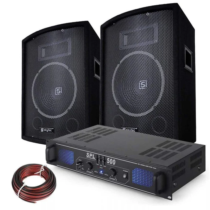 SkyTec DJ Disco – 2 Enceintes 10 Pouces, Amplificateur Professionnel et Câble, Puissance de 500W