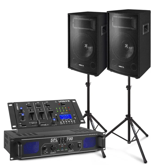 SkyTec Système Audio Complet Bluetooth DJ Enceintes 700W avec Pieds, Ampli et Table de Mixage