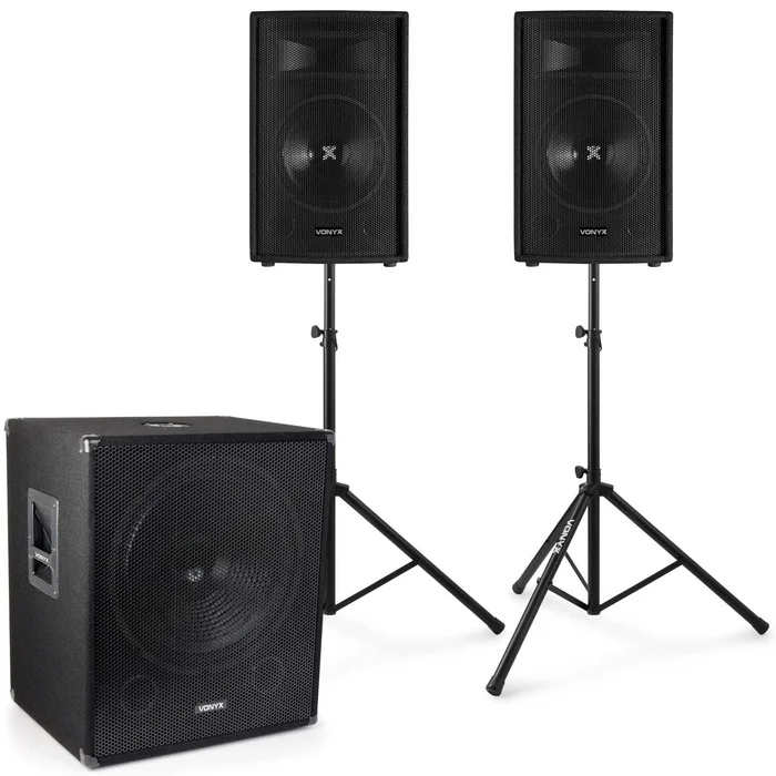 Vonyx Set Complet 2.1 – 2x Enceintes avec Caisson de Basse, Pieds et Câble Inclus, Puissance 1600W
